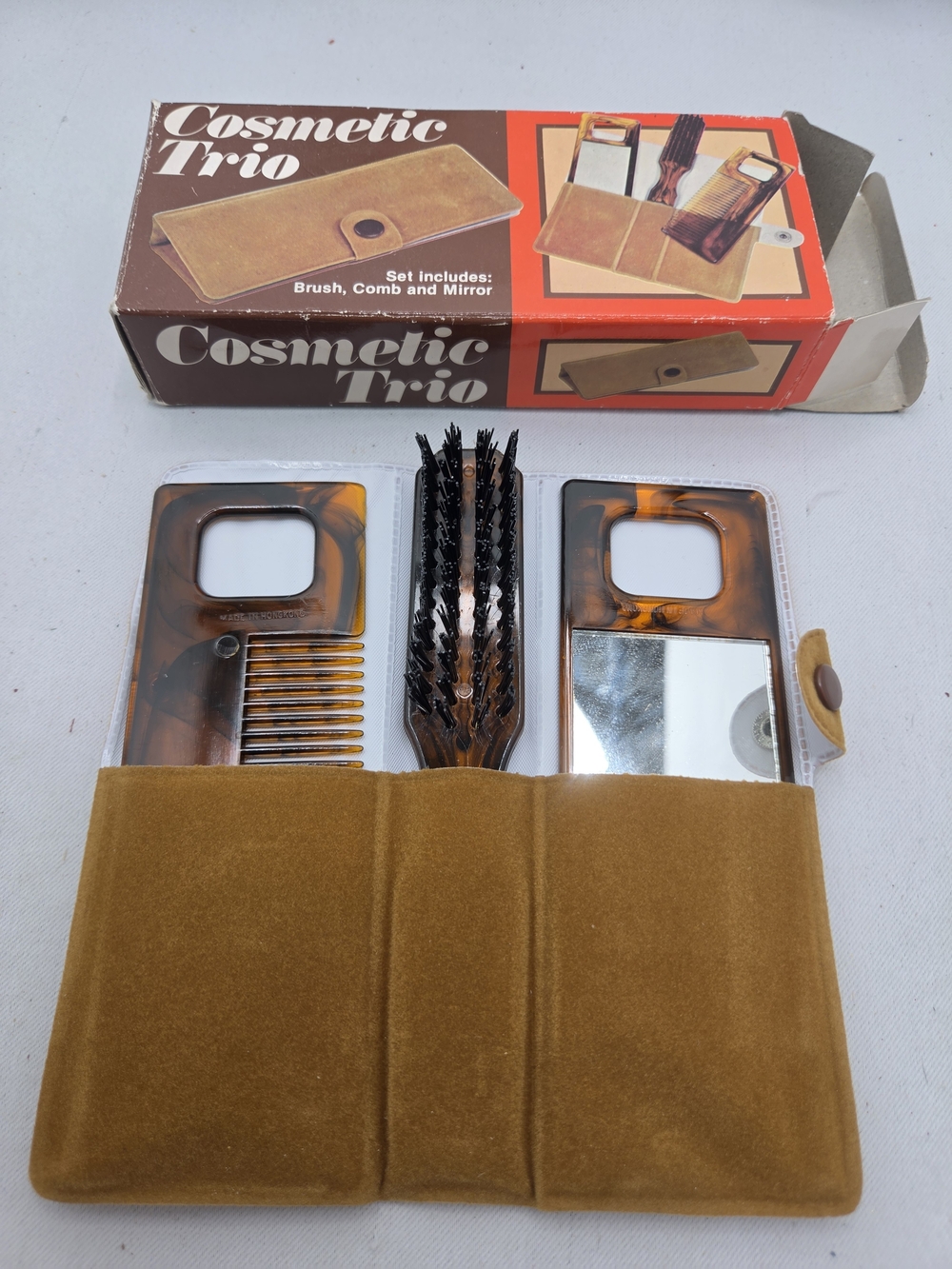 Vintage Cosmetic Trio Travel Set Faux Tortoiseshell Brush Comb Mirror Case Box